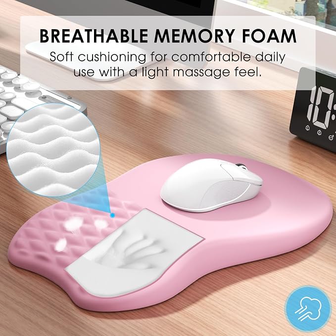 MROCO Ergonomic Mouse Pad with Wrist Support, 11.8 x 7.8 in, Pale Pink | Memory Foam Wrist Rest Mouse Pad, Non-Slip Base, Smooth Lycra Surface for Office & Home, Comfortable Wrist Support