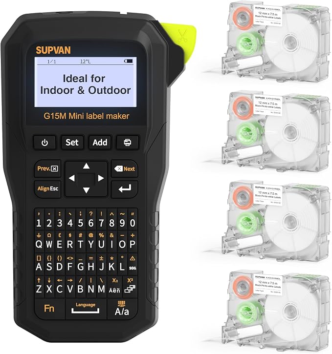 SUPVAN G15M Mini Portable Label Maker Machine with 4 Continuous Tapes | Heat Shrink Tube & Multiple Label Types, Rechargeable, Minimal Margin, LCD Backlit, Thermal Transfer, Home, Garage, Outdoor