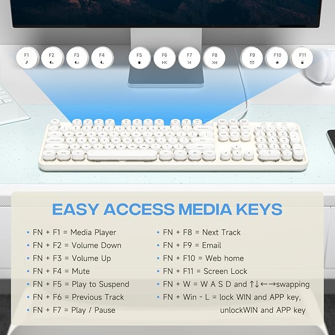 Computer Keyboard Wired, Plug and Play USB Retro Round Typewriter Keyboard, Full Size Wired Keyboard with Foldable Stands for Laptop and Office PC
