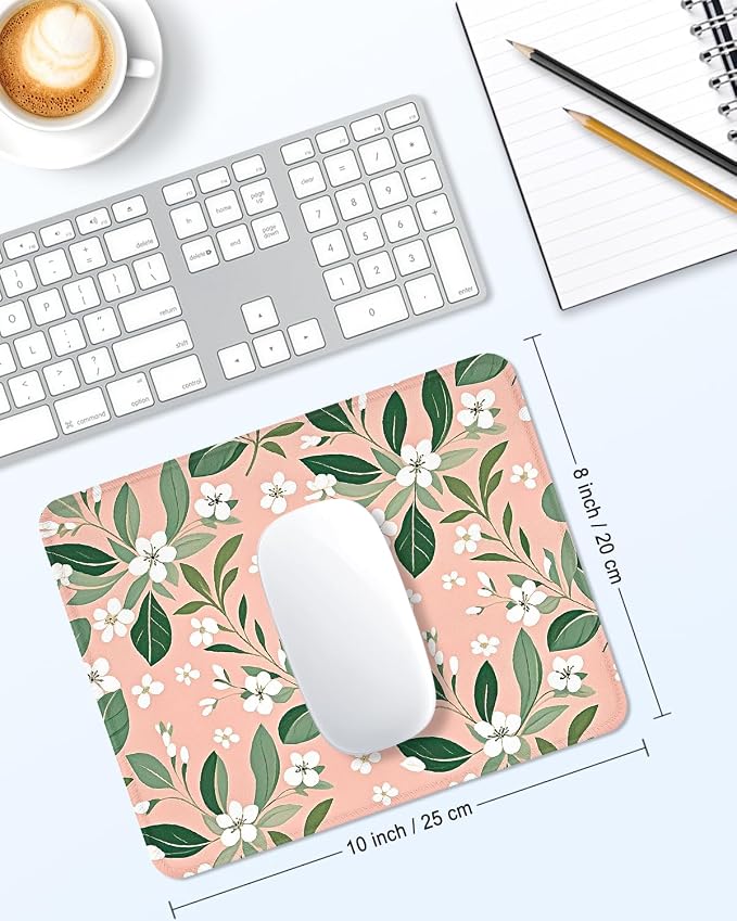 Mouse Pad, Cute Mouse Mat, 10" x 8", Pink Flower | Square Waterproof Gaming Computer Mat, Textured Top, Stitched Edges, Non-Slip Rubber Base for Office Home Laptop Keyboard