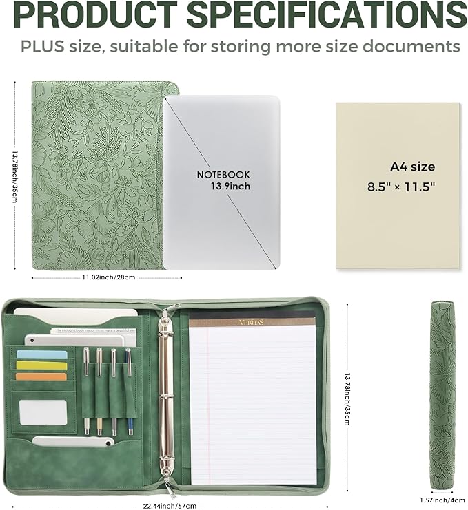 Embossed Faux Leather Zippered Padfolio with 3 Ring Binder, Executive Portfolio Organizer Binder for Women, Fits 13.9" Laptop/Tablet, Refillable Writing Pad Pocket, Green