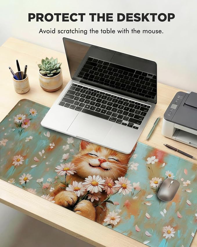 Mouse Pad, Desk Mat, 31.5x11.8in Large Mousepad, Smiling Cat | Desk Pad with Stitched Edge & Rubber Non-Slip Bottom, Gaming Mouse Pad, Extended Mousepad for Home, Office