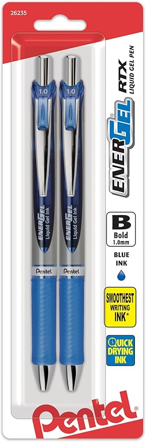 Pentel Energel RTX Retractable Liquid Gel Pen, Bold Line, Metal Tip, Blue Ink Pack of 2 (BL80BP2C)
