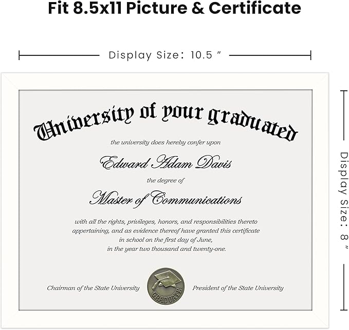 upsimples Certificate Frame with Clear Plexiglass, 8.5 by 11 Picture Diploma Document Degree Frames for Wall and Tabletop, White,1 Pack