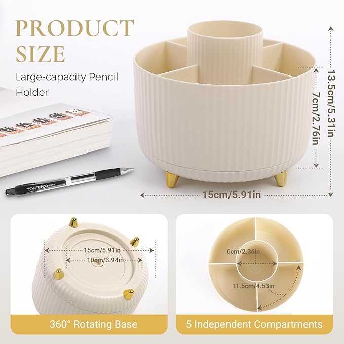 Pencil Pen Holder for Desk, 5 Slots 360 - Degree Rotating Desktop Organizer, Cute Desk Organizers and Accessories for School, Home, Office and Art Supply, Beige