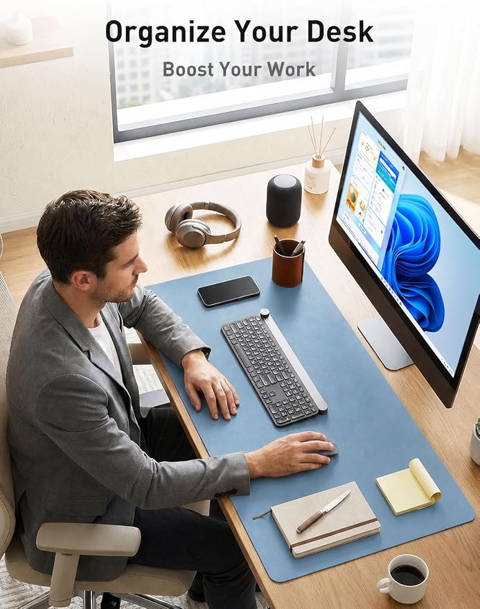 Aothia Faux Leather Desk Mat for Keyboard & Mouse (Sky Blue, 42" x 17") | Large desk mat for keyboard, mouse and laptop, creating a clean, organized workspace for work, study and everyday use