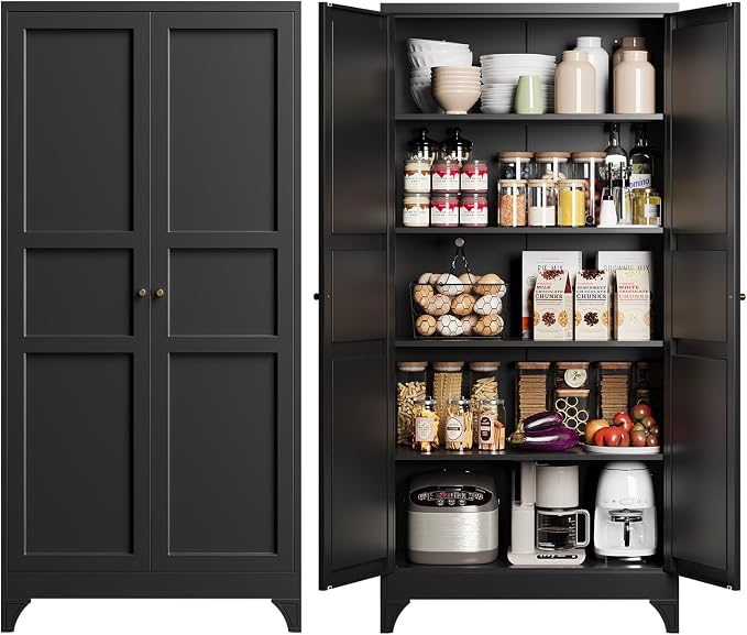 Metal Storage Cabinet with 2 Doors and 4 Adjustable Shelves,- 72" Black Kitchen Pantry Storage Cabinet for Kitchen,Living Room,Dining Room