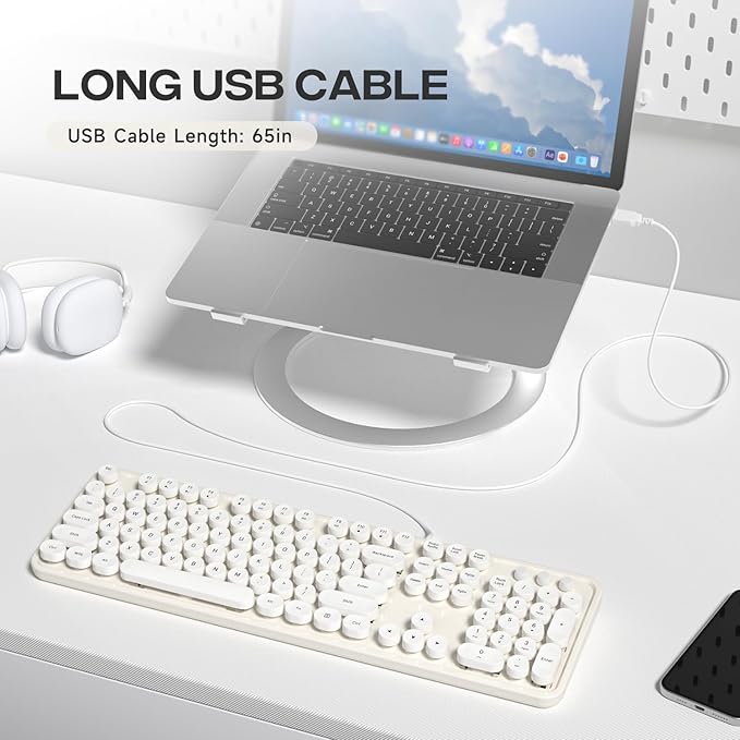 Computer Keyboard Wired, Plug and Play USB Retro Round Typewriter Keyboard, Full Size Wired Keyboard with Foldable Stands for Laptop and Office PC