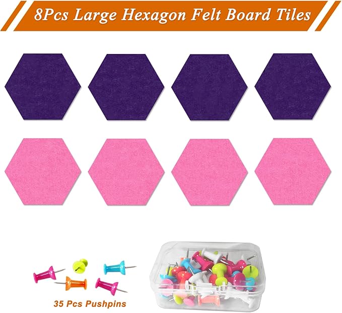 Large Hexagon Felt Cork Board Tiles, Self Adhesive DIY Felt Bulletin Board Pin Board with 35 Pushpins for Office School Home Wall Decor Stickers Memos Photos Display(Purple+Pink)