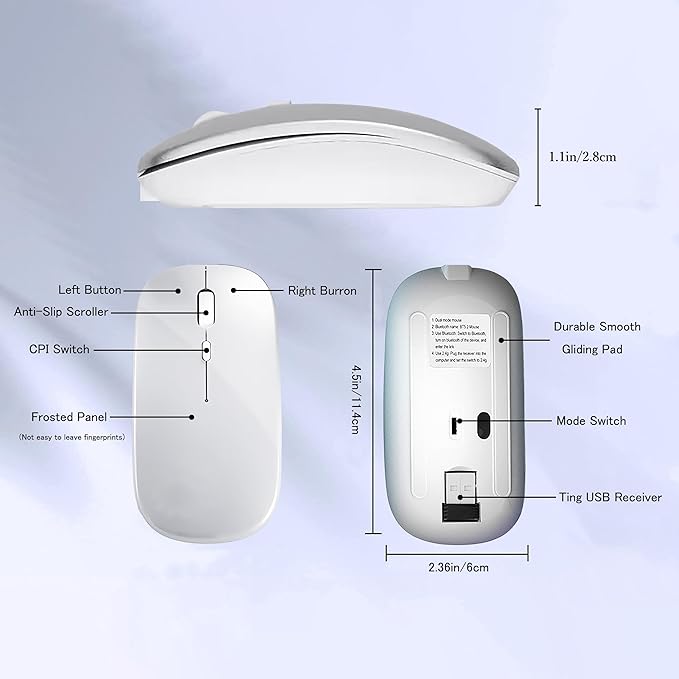 Wireless Bluetooth Mouse Rechargeable Laptop Mice Silent Slim Use(BT5.2 and 2.4G Portable USB Receiver) Dual Mode Computer Mouse for Laptop/iPad/Tablet/Apple/Computer/Mac(Bright White)
