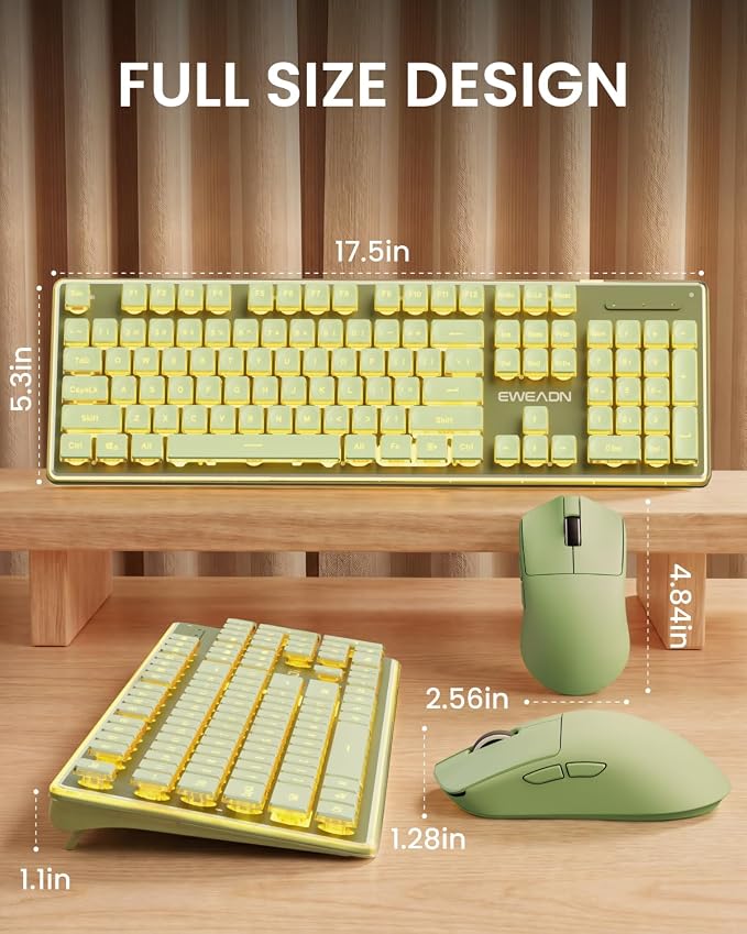Wireless Keyboard and Mouse Combo with Warm Backlit Pudding Keycaps-Green | Bluetooth & 2.4G Dual Mode, 2000mAh Rechargeable Full Size Quiet Computer Keyboard, Cute Setup for Windows PC Desktop, EWEADN