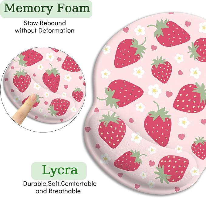 Pink Ergonomic Mouse Pad with Wrist Rest, Gaming Mousepad with Non-Slip Pain Relief PU Base, Cute Pink Strawberry Office Desk Accessories Decor Supplies - Sweet Valentine‘s Day Gift