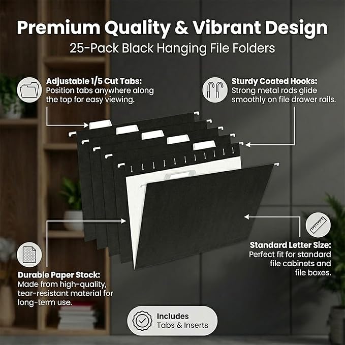 Black Hanging File Folders,Letter Size 8.5x11 Inch,25 Pack Hanging Folders for Filing Cabinet,Reinforced Rods for Smooth Gliding,1/5 Adjustable Tabs & Inserts,Ideal for Home,Office & School