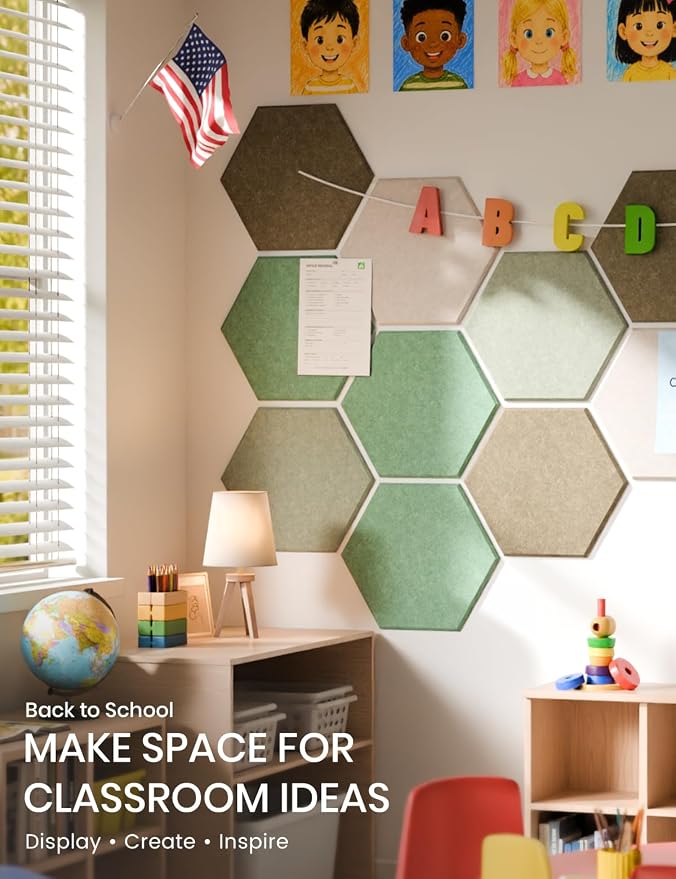 Fluxynara 12-Pack Hexagon Felt Bulletin Board Tiles, Moss Haven | Cork Board Alternative with 60 Adhesive Tabs for Notes, Photos and Reminders in Home Offices, Dorm and Classrooms
