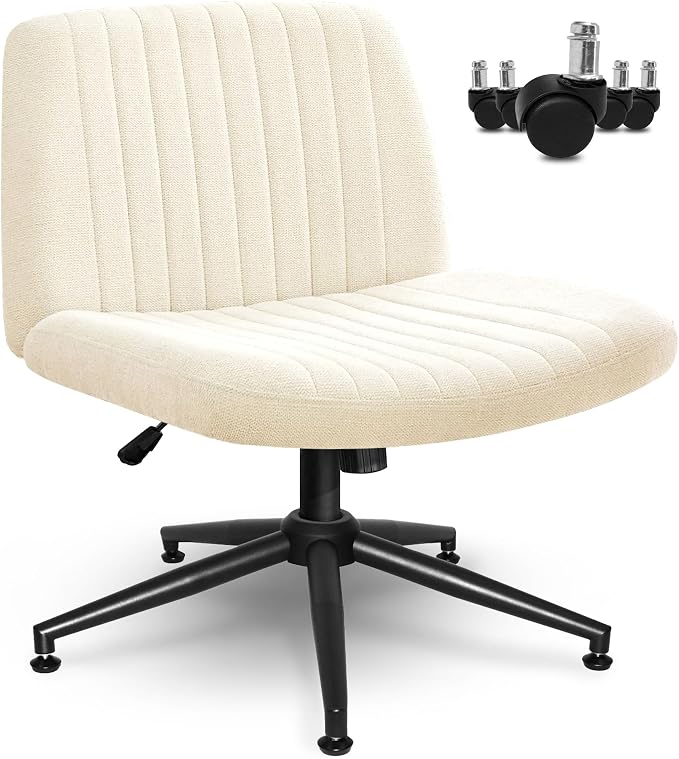 NEO CHAIR Criss Cross Chair with Wheels Armless Cross Legged Office Desk Wide Comfy Vanity Makeup Chair Adjustable Swivel Rolling Computer for Home Office Fabric (Beige) | Cross-Legged Friendly Design, Dual Base with Wheels or Pads, 360° Swivel & Heigh...