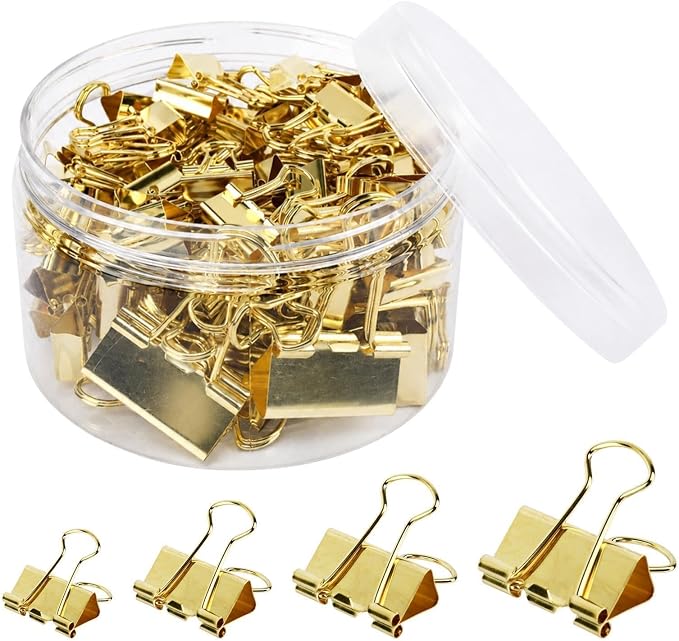100 Pcs Binder Clips for Office, Paper Clamps, Metal Clamp Bulk for Document Organizing, School Supplies for Teachers Business, Gold Binder Clips Assorted Sizes
