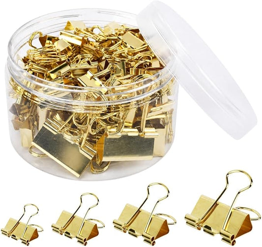 100 Pcs Binder Clips for Office, Paper Clamps, Metal Clamp Bulk for Document Organizing, School Supplies for Teachers Business, Gold Binder Clips Assorted Sizes