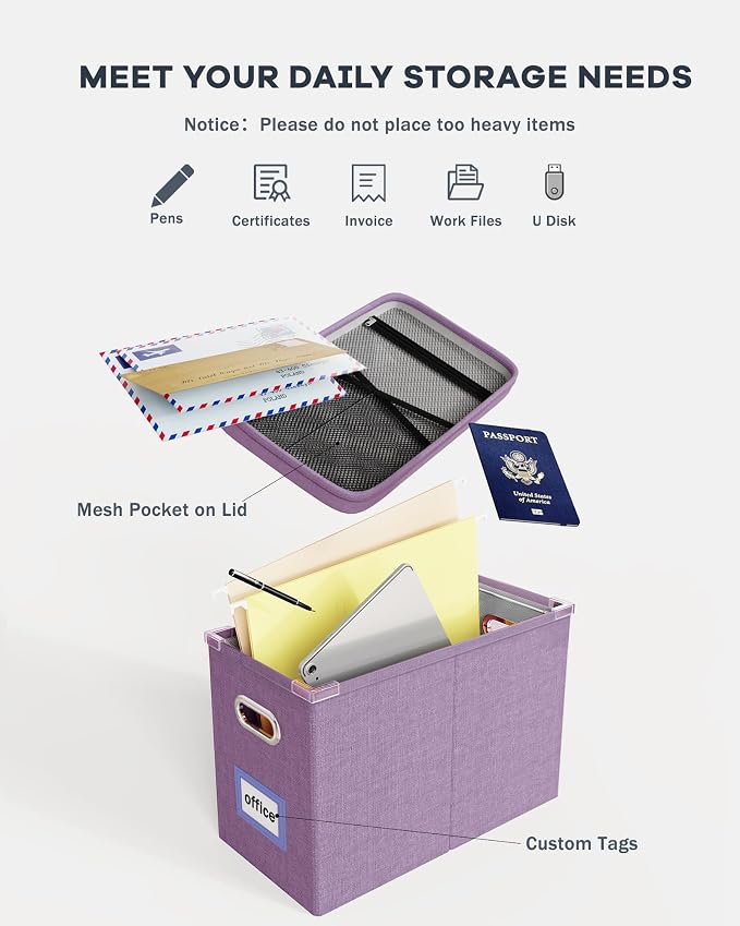 File Organizer With Lid, Hanging Filing Box With Mesh Pocket, Document Organizer for Letter Files, Portable Storage for Office & Home (2 PCS, Taro Purple)