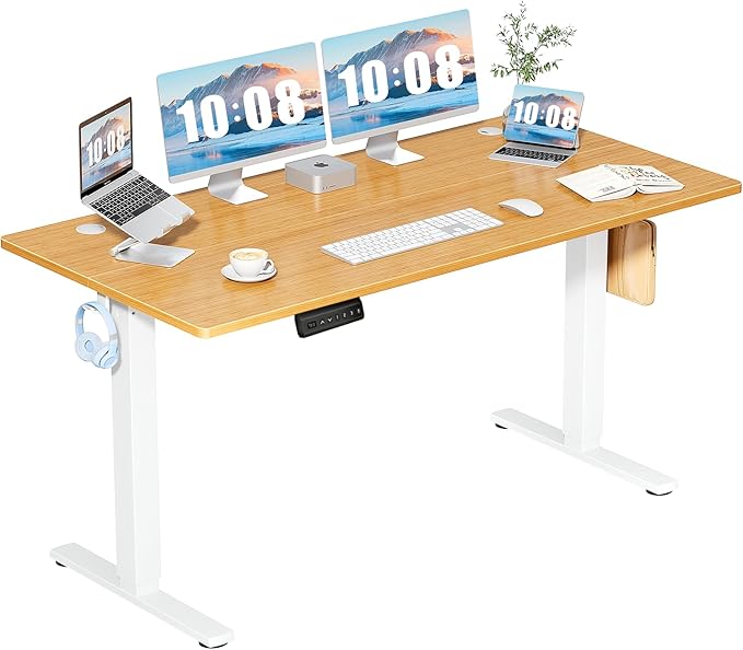 DUMOS 63 Inch Electric Standing Desk, Memory Adjustable Home Office Desk | Sit Stand Up Desk for Work Home Office,Adjustable Desk, Rising Computer Table with Splice Board,Cable Management,Hook,Oak