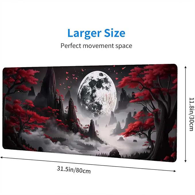 Red Moon - Extended Gaming Mouse Pad Mat with Stitched Edge Non-Slip Base - 31.5"x11.8" for Office, Home and Laptop