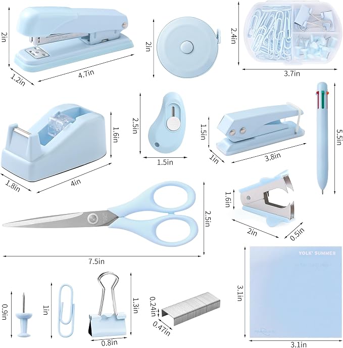 Blue Desk Accessory Kit Cute Office Supplies Set Desktop Stapler Set Includes Staple Remover Hole Punch Tape Dispenser Ballpoint Pen Scissor Mini Box Cutter Tape Measure Paper Clips Sticky Notes