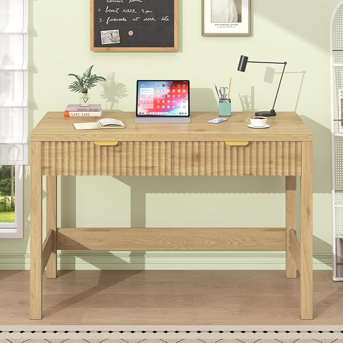 39 Inch Small Fluted Computer Desk with 2 Drawers for Bedroom, Home Office | Small Computer Desk with Storage, Compact Writing Study Desk for Small Spaces, Oak