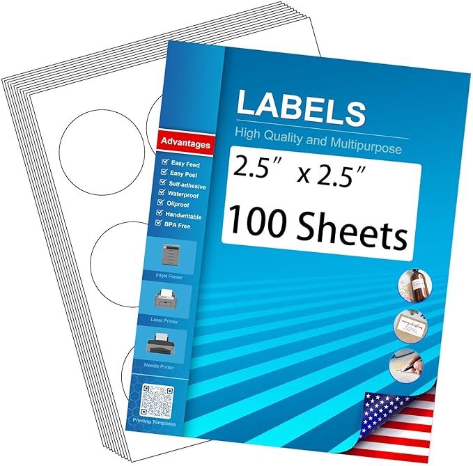 2.5" Circle Sticker Labels, Round Printable Sticker to Write On, Sticker Paper for Inkjet Printer, (9 Labels/Sheet), 100 Sheets