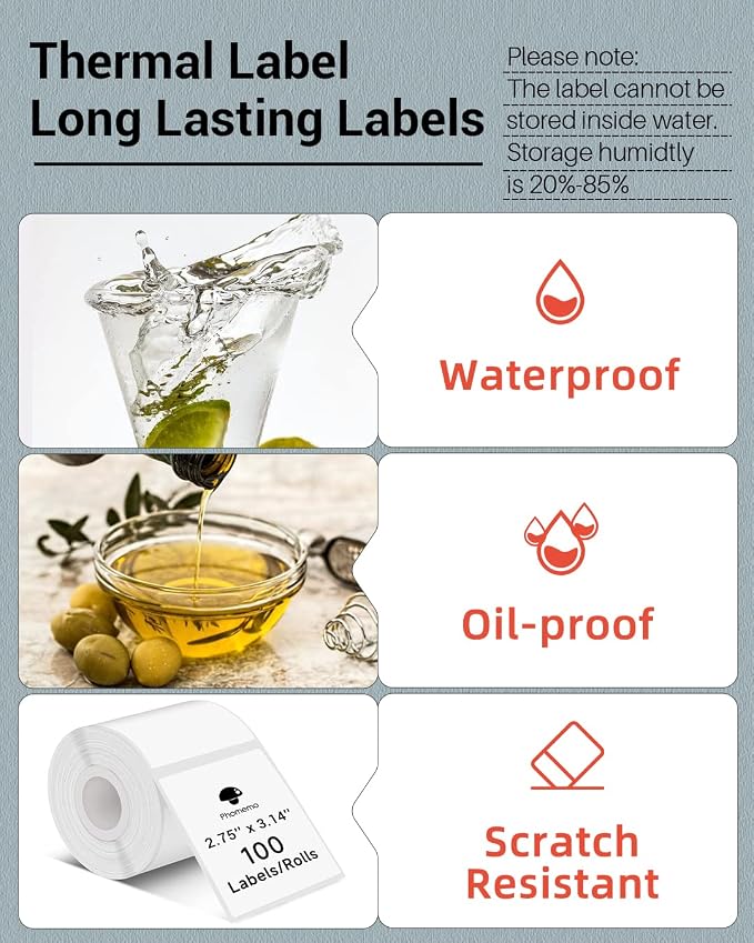 Phomemo M220 Thermal Labels 2.75''x3.15'' for M220/M221/M250/M260, 90 PCS | 70x80mm Waterproof Thermal Labls, 1 Roll, Use for Barcode, Logo,Listing, Business, Home,Organization, Office, White