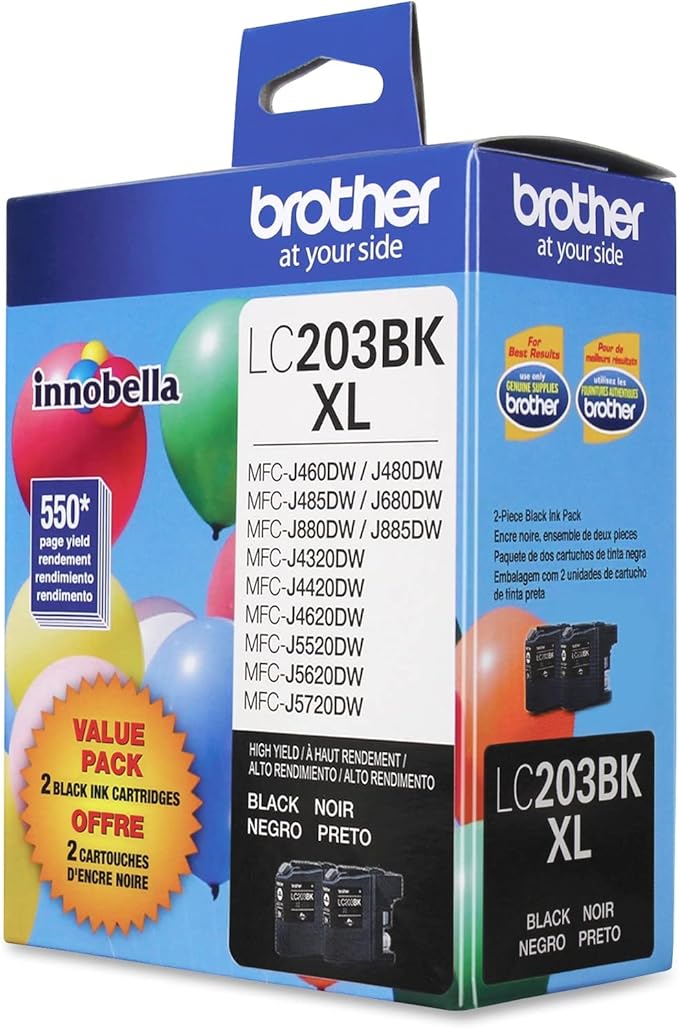 Brother Genuine High Yield Black Ink Cartridges, LC2032PKS, Replacement Black Ink Two Pack, Includes 2 Cartridges of Black Ink, Page Yield Up to 550 Pages/Cartridge, LC203