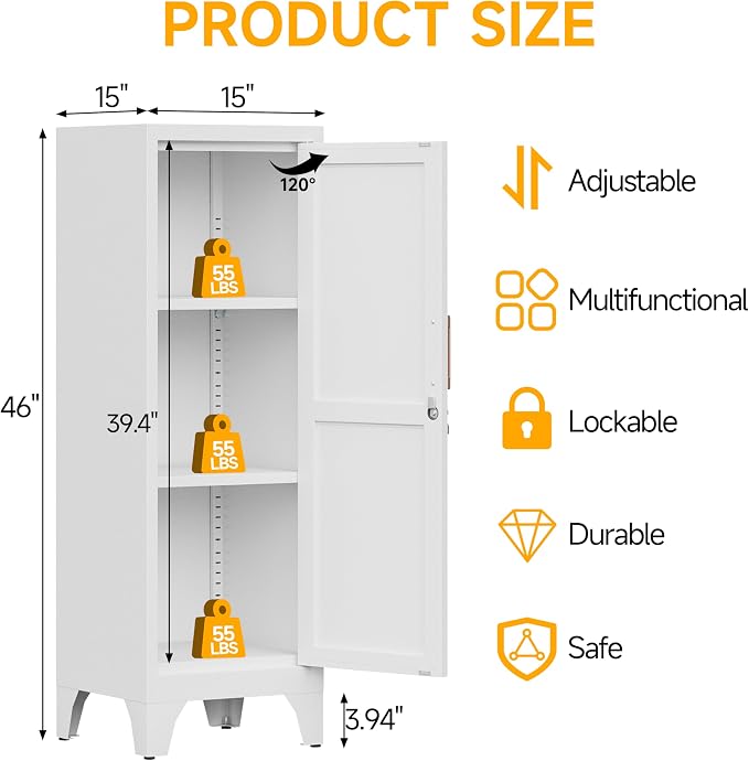 46"H White Metal Locker Set of 2,Small Locking Cabinet with 1 Door and 2 Adjustable Shelves For Employees,3 Tier Small Storage Cabinet with Detachable Legs for Kitchen, Office,School,Gym,Easy Assembly