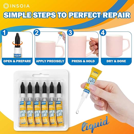 Super Glue Liquid Clear, 6 X 3g All Purpose Strong Adhesive Ca Glue Cyanoacrylate Quick Dry Instant Glue for Plastic, Metal, Ceramic, Shoe, Wood, Leather, Model, Rhinestone, Jewelry and DIY Crafts