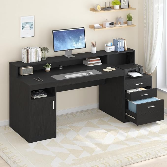 65" Black Computer Desk with 3 Drawers & Printer Shelf for Home Office | Computer Desk with Printer Shelf & File Drawer, Executive Desk Writing Study Table with Monitor Stand, Black