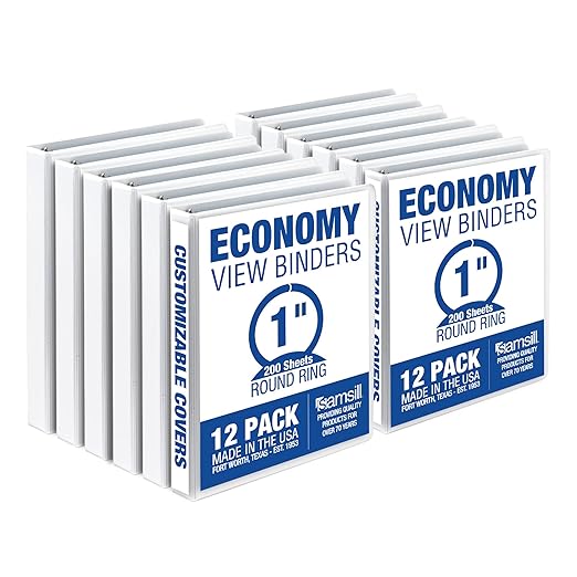 Samsill 1 Inch 3 Ring Binders, Economy Round Ring, Clear View Cover, 200 Sheet Capacity - for School, Home, Office - White, 12 Pack