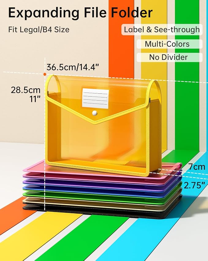 Plastic Expanding File Folder, Transparent Envelopes with Snap Closure | No Dividers, Large Capacity, Assorted Colors, Fits Legal / B4 Size for School, Office, Home, Hospital, 7 Colors