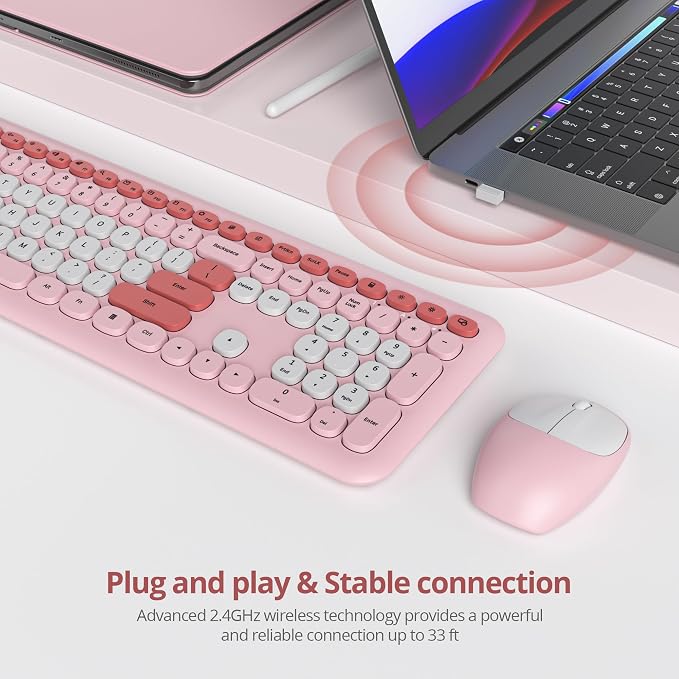 surmen Cute Wireless Keyboard and Mouse Combo, Pink Wireless Keyboard with Silent Mouse, Full Size Slim Low-Noise Soft Touch Round Keys for Home and Office,（6-Pink）