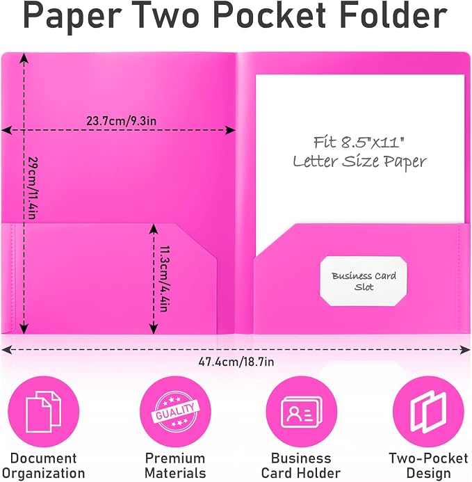 Timart Folders with Pockets-6 Pack, 2 Pocket Folders | Heavy Duty Plastic, Fit Letter Size Paper, Water and Tear-resistant, Colored Folders for School Office Home Bussiness