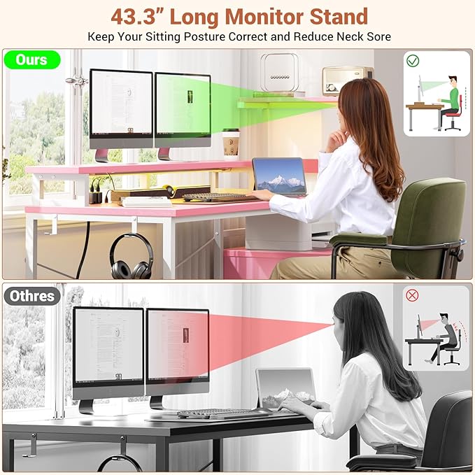 Aheaplus Gaming Desk with LED Strip & Power Outlet, 59Inch Reversible Computer Desk with Monitor Stand & Storage Shelves, Home Office Desks with Fabric File Drawer, Gamer Table PC Desk, Pink