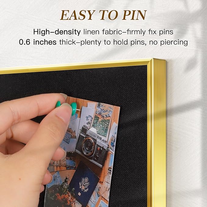 Linen Bulletin Board, 36"x24" Decorative Fabric Pin Board Vision Board | Gold Aluminum Frame, Upgraded Black Canvas Surface, Wall Mounted, for Home Office Bedroom Dorm Wall Decor