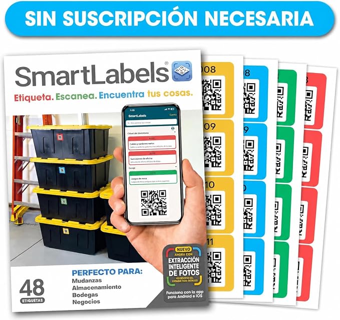 SmartLabels - Etiquetas QR en Español - Con App de Análisis de Fotos IA - Crea Descripciones Sin Escribir - para Inventario Fácil, Organización de Bodegas o Etiquetas de Mudanza - Paquete de 48