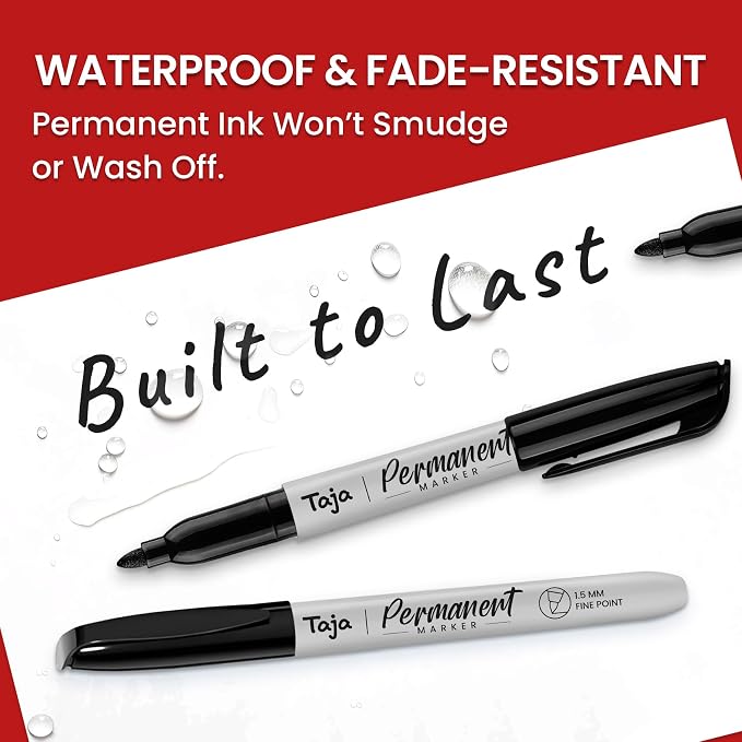 Taja 200 Counts Permanent Markers Bulk, Fine Tip, Black, Quick-Drying | Waterproof Bulk Marker Set for Writing and Sketching on Wood, Plastic, Metal, Glass, Perfect for School and Office Supplies