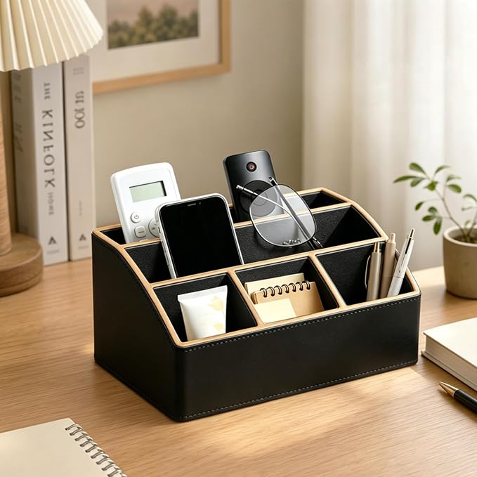 TV Remote Control Holder, Mail Organizer Countertop, Office Bill Sorter | PU Leather Aesthetic 5-Slot Pen/Pencil Caddy, Art Supplies Storage Box for Makeup Brushes, Nightstand Accessories Home Decor