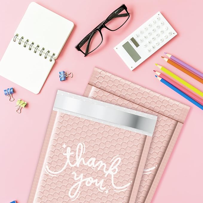 Metronic Bubble Mailers 6x10 Inch 100 Pack Thank You Padded Envelopes Pink | Usable Size 6x9 Cute Shipping Envelopes Waterproof Padded Mailers Self Seal Bubble Envelopes for Mailing Jewelry, Makeup