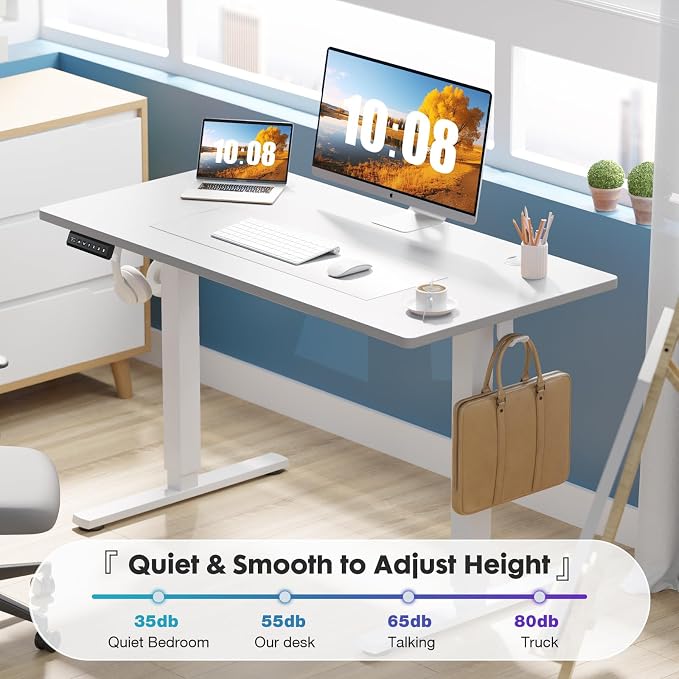 DUMOS 41 Inch Electric Standing Desk, Memory Adjustable Home Office Desk | Sit Stand Up Desk for Work Home Office,Adjustable Desk, Rising Computer Table with Splice Board,Cable Management,Hook,White