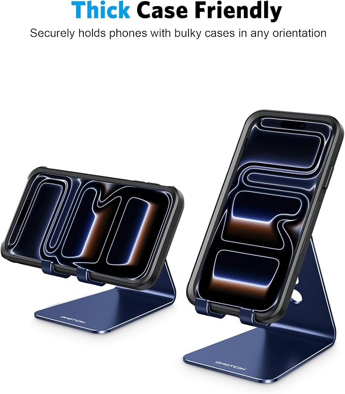 OMOTON C2 Adjustable Cell Phone Stand with Charging Cutout, Navy Blue | Sturdy 3mm Aluminum, Charging Port, 270° Adjustable, Non-Slip Silicone Pads, Works with Thick Cases, for All Smartphones