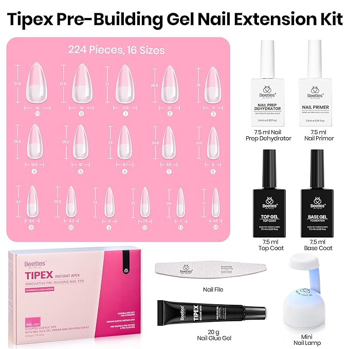 Beetles Tipex Instant Apex Nail Tips Kit with Dehydrator & Primer, Medium Stiletto, 224PCS 16 Sizes, Reinforced Apex for Strong Long-Lasting Wear, 20g Solid Nail Glue, Mini UV Lamp, Base & Top Coat