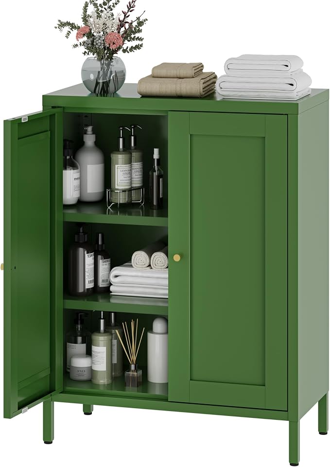 YAUWOH Small Metal Cabinet, Storage Cabinet with 2 Adjustable Shelves and 2 Doors,Freestanding Sideboard for Small Spaces, Living Room, Home Office, Dining Room(1PC,Forest Green)
