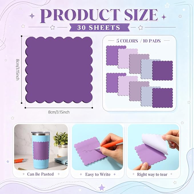 Epakh 10 Pack Scalloped Line Sticky Notes,3 x 3 Inch,Purple | 300 Sheets, Small Notes Pads, Thick Note Pads, Strong Adhesive, Back to School Office Supplies