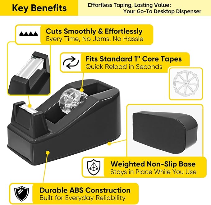 Desktop Office Tape Dispenser, Fits Standard 1-Inch Core Tapes, Weighted Non-Slip Base, Sharp Metal Blade, Smooth Cutting, Adhesive Roll Holder for Office, School, Shop, Home & Business - Black