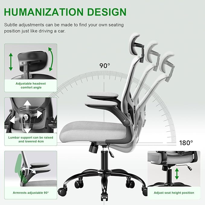 Ergonomic Office Chair - Adjustable Lumbar Support and Headrest, High Back Desk Chair with Flip-Up Arms for Home Office, 90-120° Tilt & Swivel Rolling Task Chair (Grey6076)