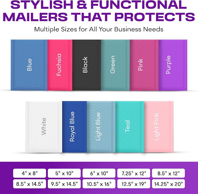 Purple Bubble Mailers 12.5x19.5, Poly Padded Envelopes #6, 100 Pack | Holds Clothing & Bulk Items, Self-Seal Closure, Cushioned Protection, Water-Resistant Poly, Bulk Pack